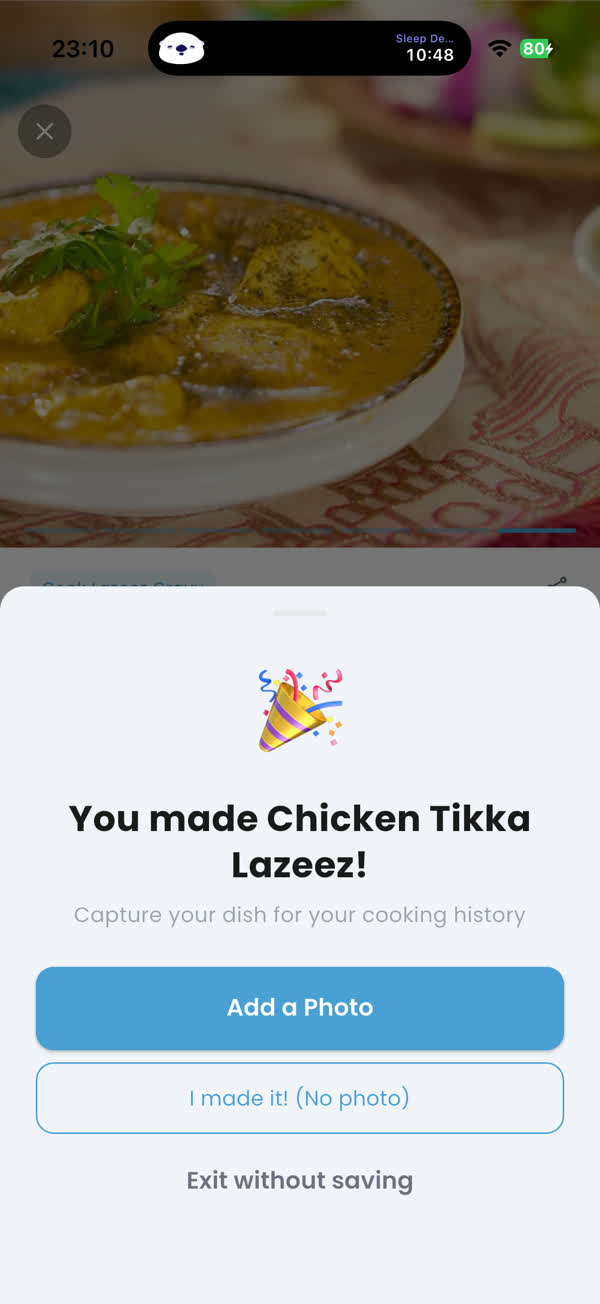 Cooking complete screen